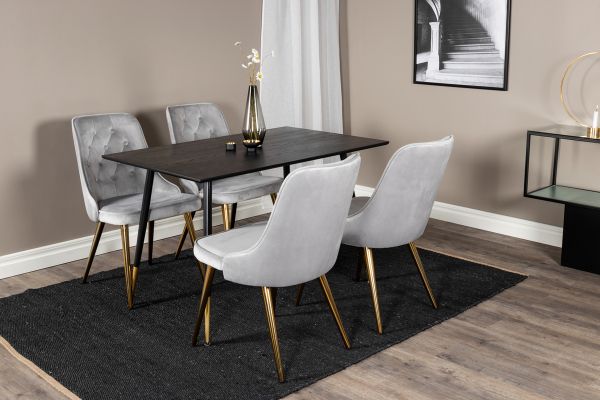 Imagine Dipp Dining Table - 120 cm - Black Veneer - Black Legs w. Brass dipp+Velvet Deluxe Dining Chair - Light Grey / Brass_4