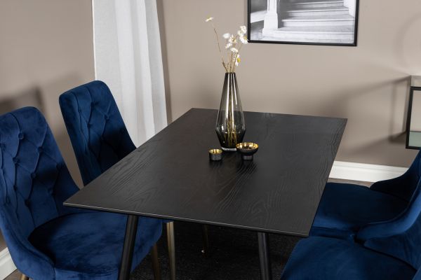 Imagine Dipp Dining Table - 120 cm - Black Veneer - Black Legs w. Brass dipp+Velvet Deluxe Dining Chair - Blue / Brass_4