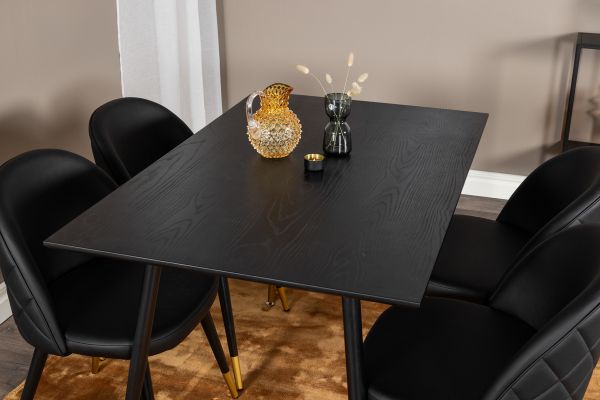 Imagine Masa de dining Dipp - 120 cm - Furnir negru - Picioare negre cu alamă dipp+ Scaun de dining Velvet cu cusături - PU - Negru / Negru_4