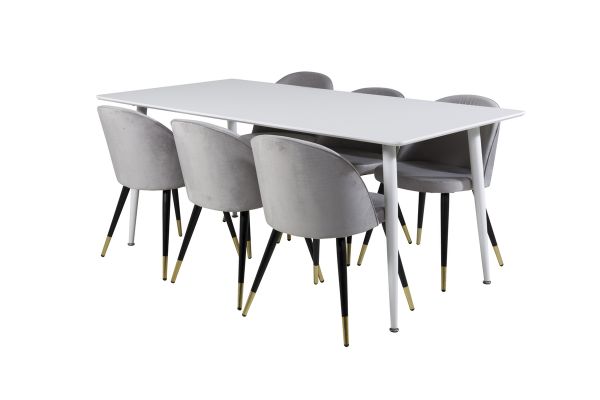 Imagine Masa de dining Polar 180 cm - Blat alb / Picioare albe + Scaun de dining Velvet - Cupru - Gri deschis / Negru_6