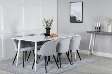 Imagine Masa de dining Polar 180 cm - Blat alb / Picioare albe + Scaun de dining din catifea - Gri deschis / Negru_6