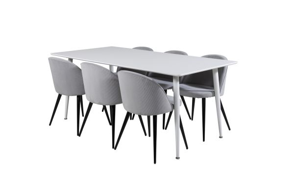 Imagine Masa de dining Polar 180 cm - Blat alb / Picioare albe + Scaun de dining din catifea - Gri deschis / Negru_6