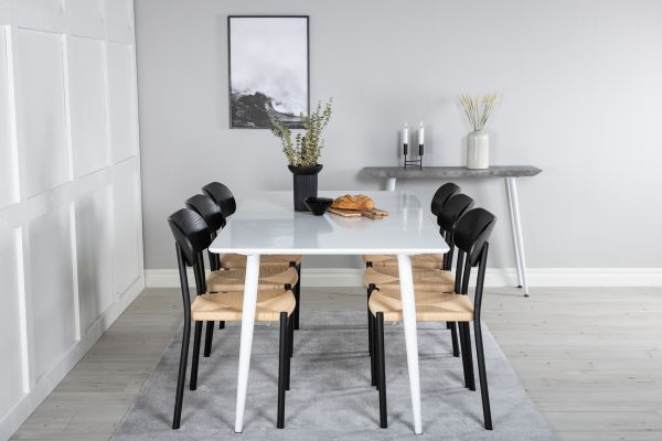 Imagine Masa de dining Polar 180 cm - blat alb / picioare albe + Scaun de dining Polly - Negru / Natură _6