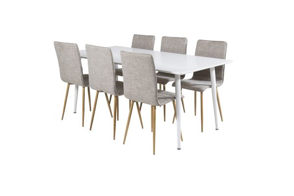 Imagine Vă rugăm să traduceți complet  Masă de dining Polar 180 cm - Blat alb / Picioare albe + 6 scaune de dining Windu Lyx - Gri deschis / Stejar