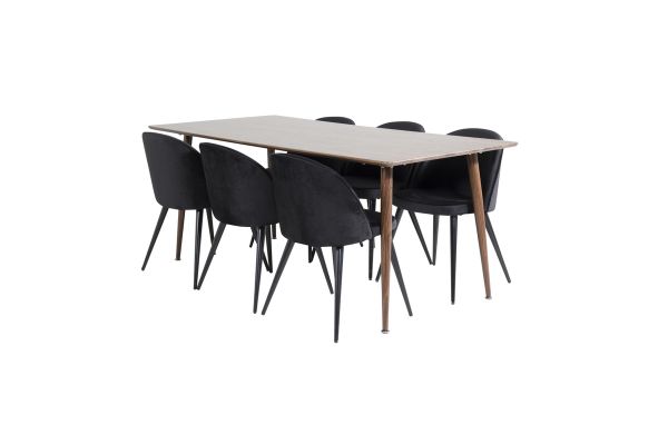 Imagine Masa de dining Polar 180 cm - Blat de nuc - Picioare de nuc + Scaun de dining din catifea - Negru / Negru_6