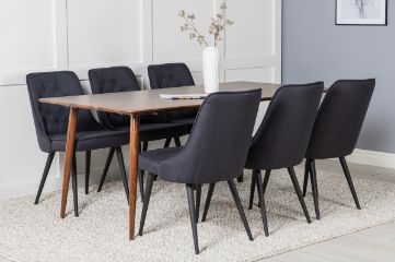 Imagine Masa de dining Polar 180 cm - Blat de nuc - Picioare de nuc + Scaun de dining de lux Velvet - Picioare negre - Material negru_6