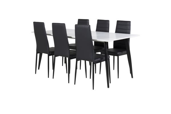 Imagine Masa de dining Polar - 180*90*H75 - Alb / Negru+Scaun de dining cu spătar înalt subțire - Picioare negre - PU negru_6