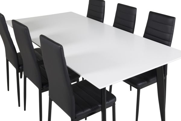 Imagine Masa de dining Polar - 180*90*H75 - Alb / Negru+Scaun de dining cu spătar înalt subțire - Picioare negre - PU negru_6