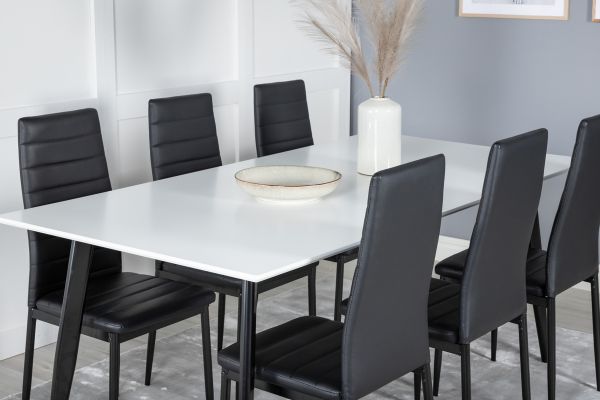 Imagine Masa de dining Polar - 180*90*H75 - Alb / Negru+Scaun de dining cu spătar înalt subțire - Picioare negre - PU negru_6