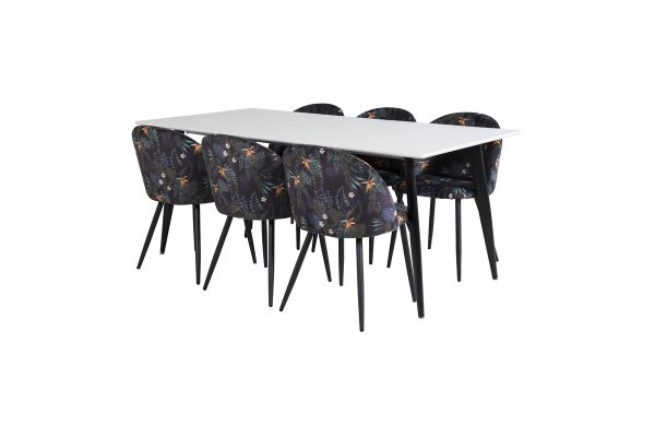 Imagine Masa de dining Polar - 180*90*H75 - Alb / Negru + Scaun de dining Velvet - Model negru cu flori - 6