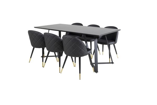 Imagine Masa de dining Marina - Blat negru / Picioare negre + Scaun de dining din catifea cu cusaturi - PU - Negru / Negru