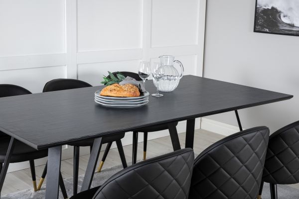 Imagine Masa de dining Marina - Blat negru / Picioare negre + Scaun de dining din catifea cu cusaturi - PU - Negru / Negru