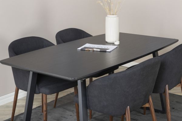 Imagine Masa de extensie Inca - blat negru / picioare negre+ Scaun de dining Arch - picioare de nuc - material negru_4