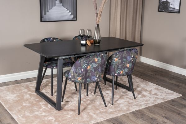 Imagine Tabel extensibil Inca - Blat negru / picioare negre + Scaun de dining Velvet - Material negru cu flori_4