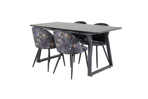 Imagine Tabel extensibil Inca - Blat negru / picioare negre + Scaun de dining Velvet - Material negru cu flori_4