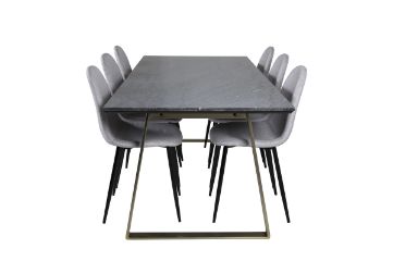 Imagine Masa de dining Estelle 200*90*H76 - Gri / Lăcaș din alamă + Scaun de dining Polar - Picioare negre - Țesătură gri deschis_6