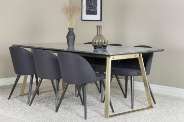 Imagine Masa de dining Estelle 200*90*H76 - Gri / Brass+ Scaun de dining din catifea - picioare negre - material negru_6