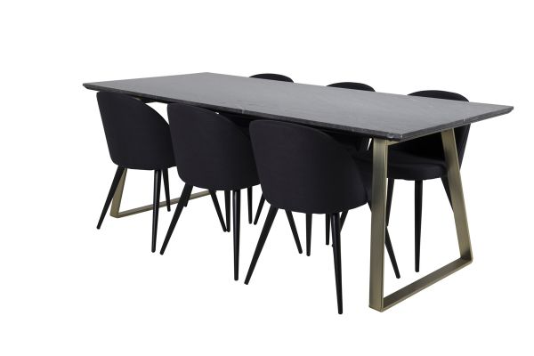 Imagine Masa de dining Estelle 200*90*H76 - Gri / Brass+ Scaun de dining din catifea - picioare negre - material negru_6