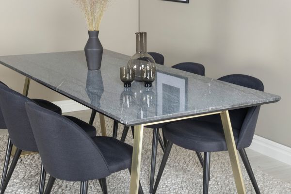 Imagine Masa de dining Estelle 200*90*H76 - Gri / Brass+ Scaun de dining din catifea - picioare negre - material negru_6