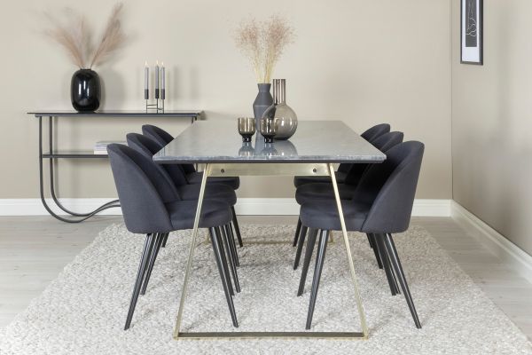 Imagine Masa de dining Estelle 200*90*H76 - Gri / Brass+ Scaun de dining din catifea - picioare negre - material negru_6