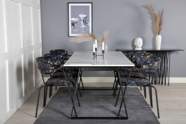 Imagine Masa de dining Estelle 200*90*H76 - Alb/Negru + Scaun Arrow - Picioare Negre - Țesătură cu Model Floral 6