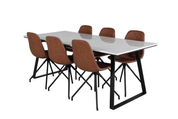 Imagine Masa de dining Estelle 200*90*H76 - Alb / Negru+ Scaun de dining Polar cu functie de rotatie - picioare negre - Piele PU maro - Crucis albe_6