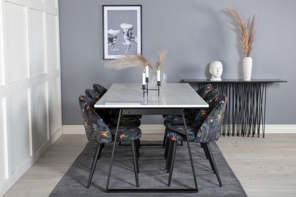 Imagine Masa de dining Estelle 200*90*H76 - Alb/Negru + Scaun de dining din catifea - Model floral negru_6