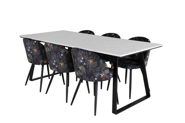 Imagine Masa de dining Estelle 200*90*H76 - Alb/Negru + Scaun de dining din catifea - Model floral negru_6