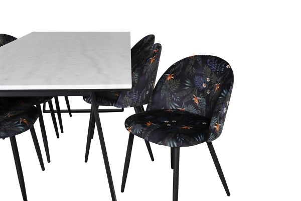 Imagine Masa de dining Estelle 200*90*H76 - Alb/Negru + Scaun de dining din catifea - Model floral negru_6