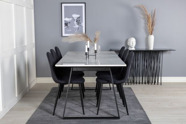 Imagine Masa de dining Estelle 200*90*H76 - Alb / Negru+Scaun de dining Polar - Picioare Negre - Material Negru_6