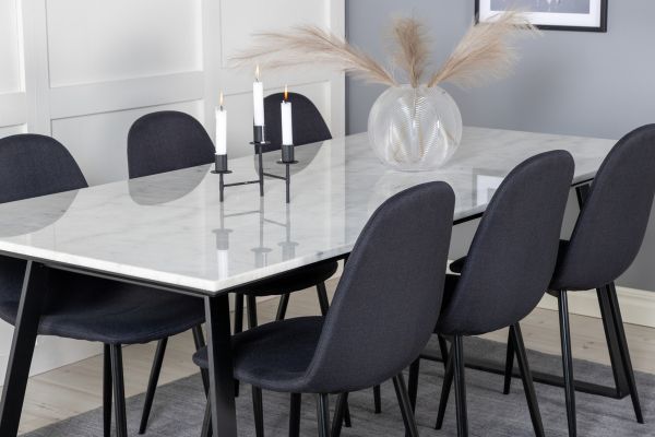 Imagine Masa de dining Estelle 200*90*H76 - Alb / Negru+Scaun de dining Polar - Picioare Negre - Material Negru_6