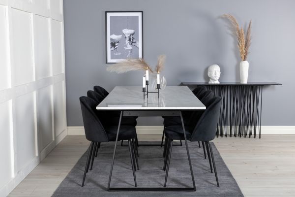 Imagine Masa de dining Estelle 200*90*H76 - Alb/Negru + Scaune de dining Wrinkles - Picioare Negre - Catifea Neagra_6