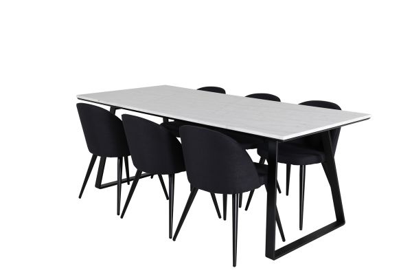 Imagine Masa de dining Estelle 200*90*H76 - Alb / Negru+Scaun de dining din catifea - Picioare negre- Material negru_6