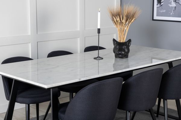 Imagine Masa de dining Estelle 200*90*H76 - Alb / Negru+Scaun de dining din catifea - Picioare negre- Material negru_6