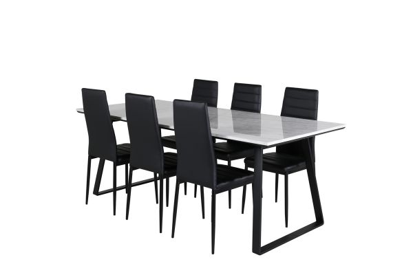 Imagine Masa de dining Estelle 200*90*H76 - alb / negru + scaun de dining Slim cu spate înalt - picioare negre - PU negru_6