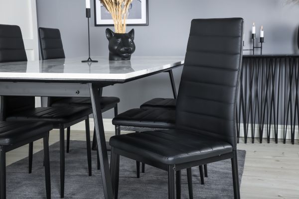 Imagine Masa de dining Estelle 200*90*H76 - alb / negru + scaun de dining Slim cu spate înalt - picioare negre - PU negru_6