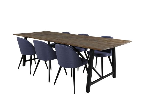 Imagine Masa de dining Malang - 250*100*H76 - Teak închis / Negru + Scaun de dining Velvet - picioare negre - Material albastru_6