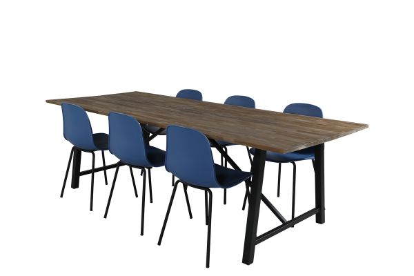 Imagine Masa de dining Malang - 250*100*H76 - Teak inchis / Negru+Scaun de dining Arctic - Picioare negre - Plastic albastru_6