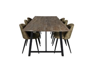 Imagine Masa de dining Malang - 250*100*H76 - Teak întunecat / Negru+Cadru scaun de dining Velvet - picioare negre - catifea verde prafulită_6