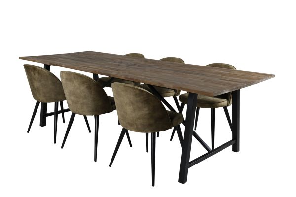 Imagine Masa de dining Malang - 250*100*H76 - Teak întunecat / Negru+Cadru scaun de dining Velvet - picioare negre - catifea verde prafulită_6