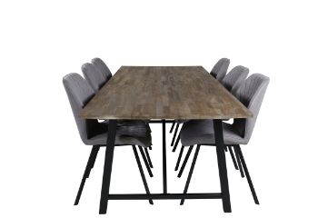 Imagine Masa de dining Malang - 250*100*H76 - Tek inchis / Negru + Scaun de dining Gemma - Picioare negre - Material gri_6