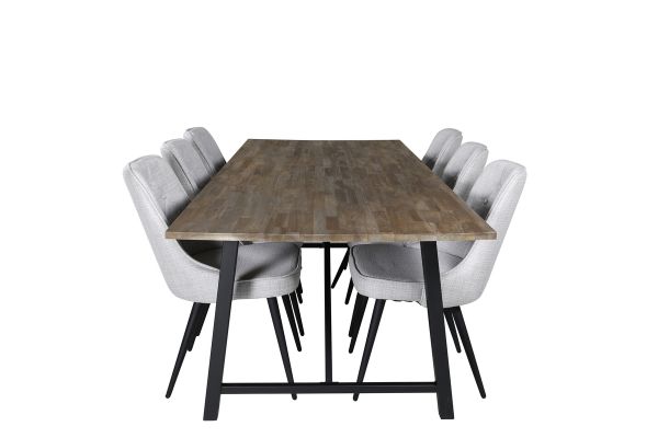 Imagine Masa de Dining Malang - 250 * 100 * H76 - Teak întunecat / Negru + Scaun de masă din catifea de lux - Picioare negre - Țesătură gri deschis_6