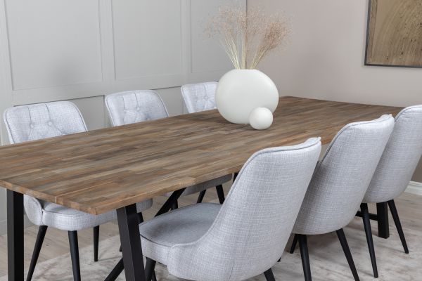 Imagine Masa de Dining Malang - 250 * 100 * H76 - Teak întunecat / Negru + Scaun de masă din catifea de lux - Picioare negre - Țesătură gri deschis_6