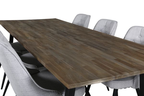 Imagine Masa de Dining Malang - 250 * 100 * H76 - Teak întunecat / Negru + Scaun de masă din catifea de lux - Picioare negre - Țesătură gri deschis_6