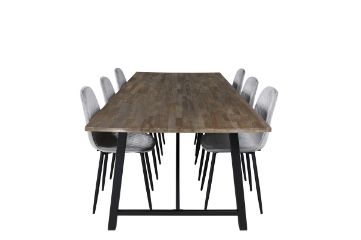 Imagine Masa de dining Malang - 250*100*H76 - Teak inchis / Negru+Scaun de dining Polar Diamond - Picioare negre - Catifea gri_6