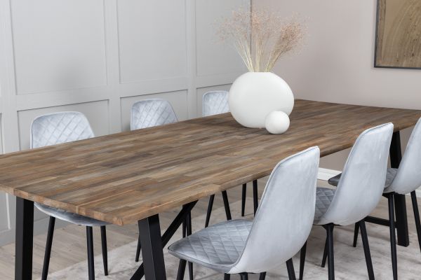 Imagine Masa de dining Malang - 250*100*H76 - Teak inchis / Negru+Scaun de dining Polar Diamond - Picioare negre - Catifea gri_6