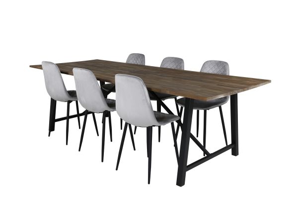 Imagine Masa de dining Malang - 250*100*H76 - Teak inchis / Negru+Scaun de dining Polar Diamond - Picioare negre - Catifea gri_6