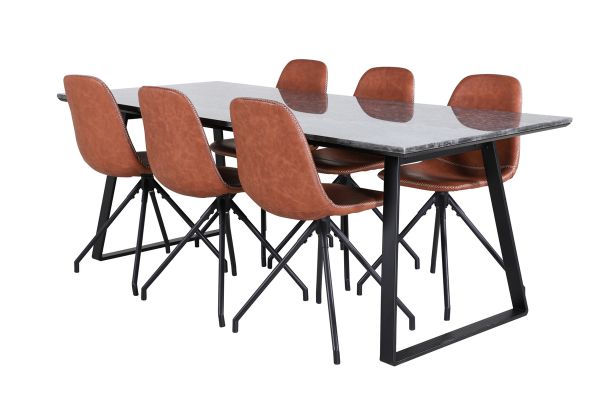 Imagine Masa de dining Estelle 200*90*H76 - Negru / Scaun de dining Polar cu funcție de rotire - picioare negre - piele ecologică maro - cusături albe_6