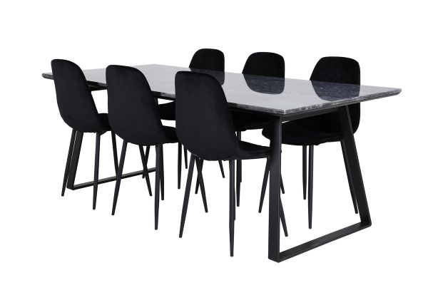 Imagine Masa de dining Estelle 200*90*H76 - Negru / 6 scaune de dining Polar Diamond - Picioare negre - Catifea neagra