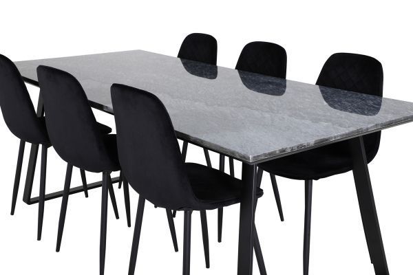 Imagine Masa de dining Estelle 200*90*H76 - Negru / 6 scaune de dining Polar Diamond - Picioare negre - Catifea neagra